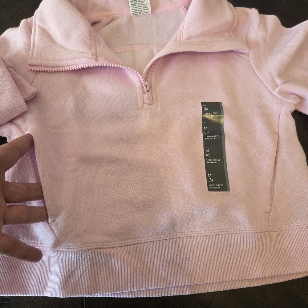 Girls' Medium (8) Pink 1/2 Zip Cotton Fleece Sweatshirt Pullover Thumb Hole New - Picture 6 of 12